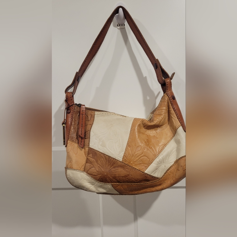 Fossil Brown and Cream Leather Shoulder Bag